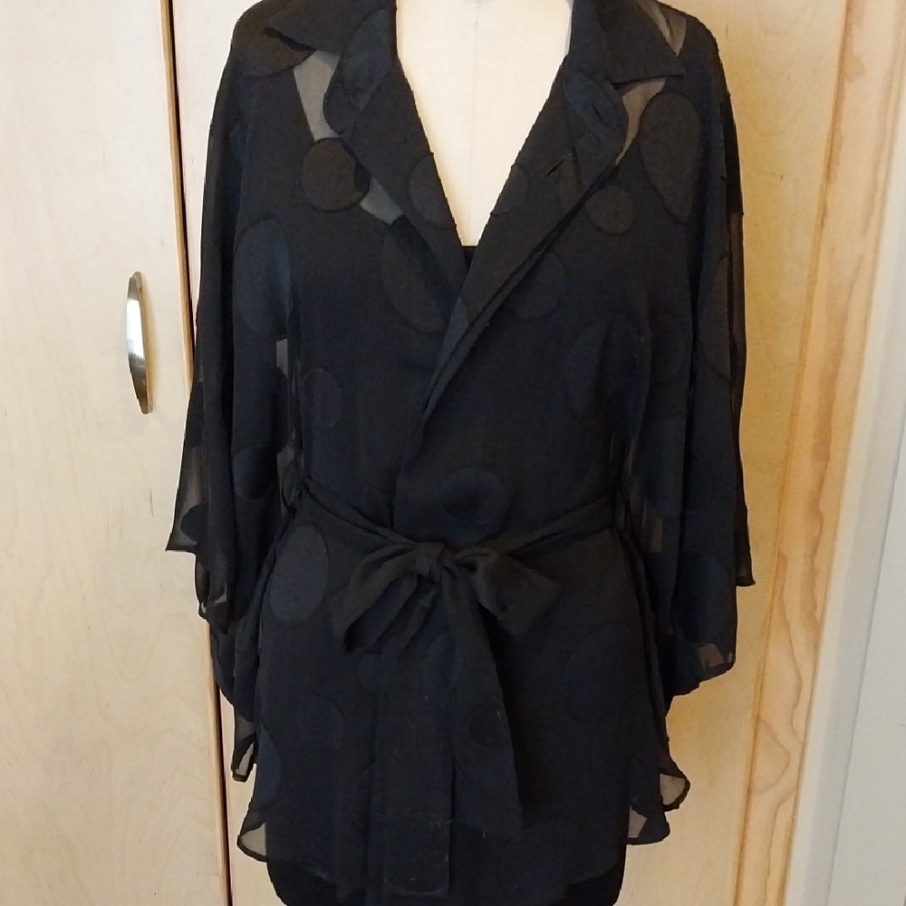 Joseph Ribkoff Black Sheer Polka Dot Wrap Top with Tie Belt.  One Size